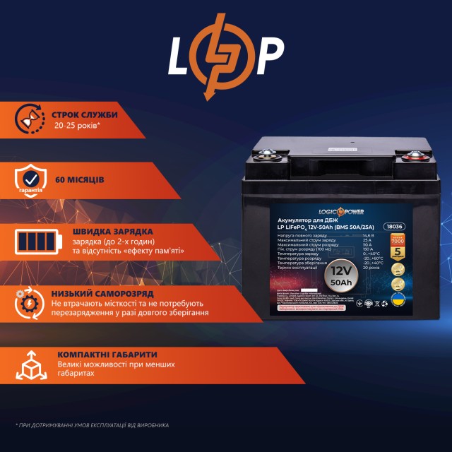 ���������� LogicPower LP LiFePO4 ��� ��� 12V (12,8V) - 50 Ah (640Wh) (BMS 50A/25A) �������